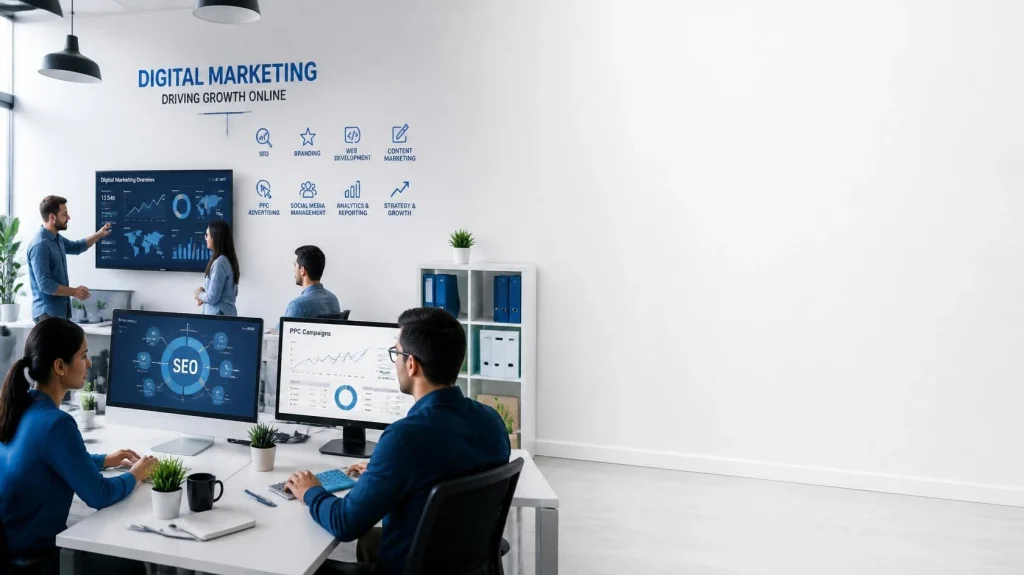 Marketing Agency vs Freelancer: Which One is the Better Choice for Your Business in 2026? A premium digital marketing agency workspace representing innovation, SEO, branding, web development, content marketing, PPC advertising, social media management, analytics dashboards, and business growth. Professional team collaborating with modern technology.