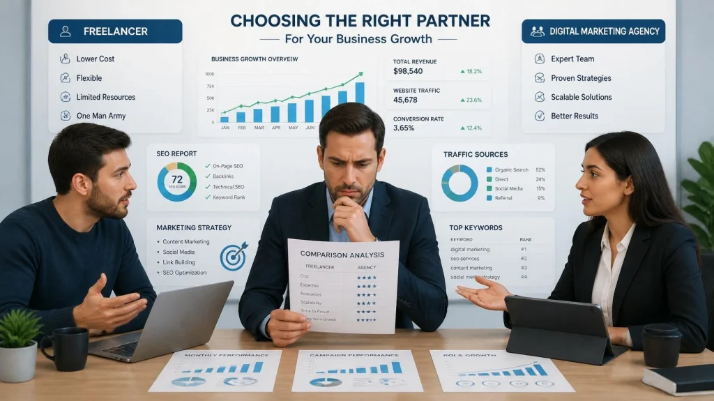 Marketing Agency vs Freelancer: Which One is the Better Choice for Your Business in 2026? Business owner standing between a freelancer and a digital marketing agency while analyzing charts, SEO reports, marketing strategies, and business growth dashboards.
