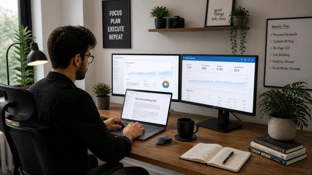 Marketing Agency vs Freelancer: Which One is the Better Choice for Your Business in 2026? A professional freelancer working independently from a stylish home office with a laptop displaying SEO reports, Google Analytics, content writing documents, social media scheduling tools, and digital marketing dashboards.