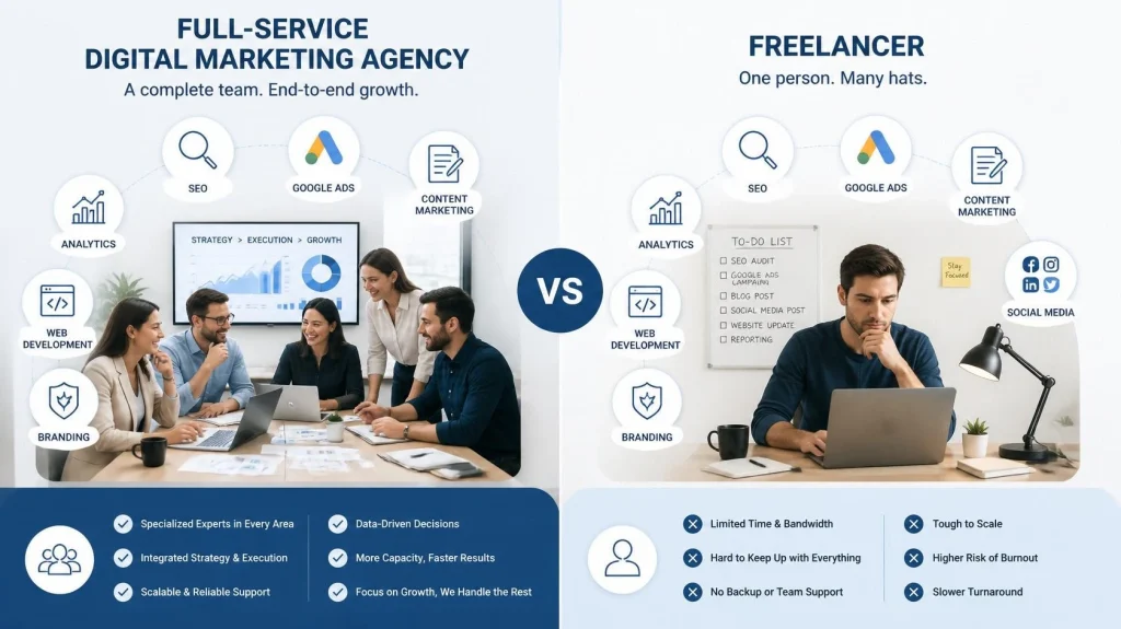Marketing Agency vs Freelancer: Which One is the Better Choice for Your Business in 2026? Create a split-screen business comparison. Left side features a full-service digital marketing agency with multiple specialists collaborating. Right side features a freelancer working independently. Include floating icons representing SEO, Google Ads, content marketing, analytics, web development, branding, and social media.