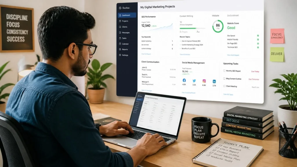 Marketing Agency vs Freelancer: Which One is the Better Choice for Your Business in 2026? Business owner analyzing digital marketing growth with rising graphs, increasing website traffic, higher search rankings, lead generation charts, revenue growth dashboard, digital marketing icons, laptops, analytics screens, modern office,