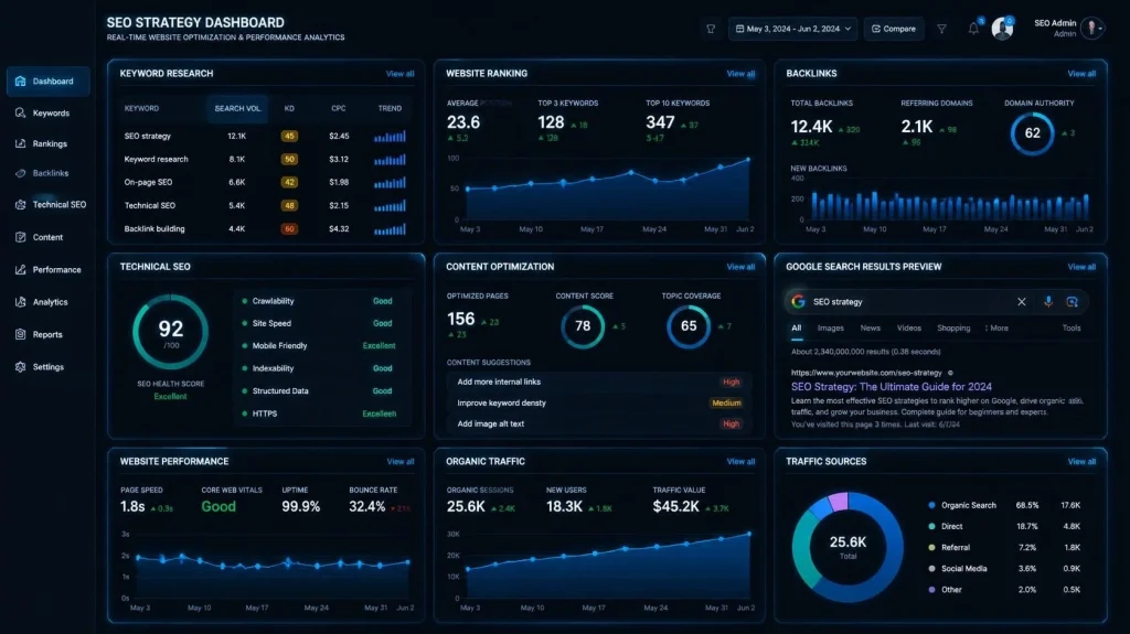 Marketing Agency vs Freelancer: Which One is the Better Choice for Your Business in 2026? A futuristic SEO strategy dashboard showing keyword research, website ranking charts, backlinks, technical SEO analysis, content optimization, Google search results, website performance graphs, and organic traffic growth.