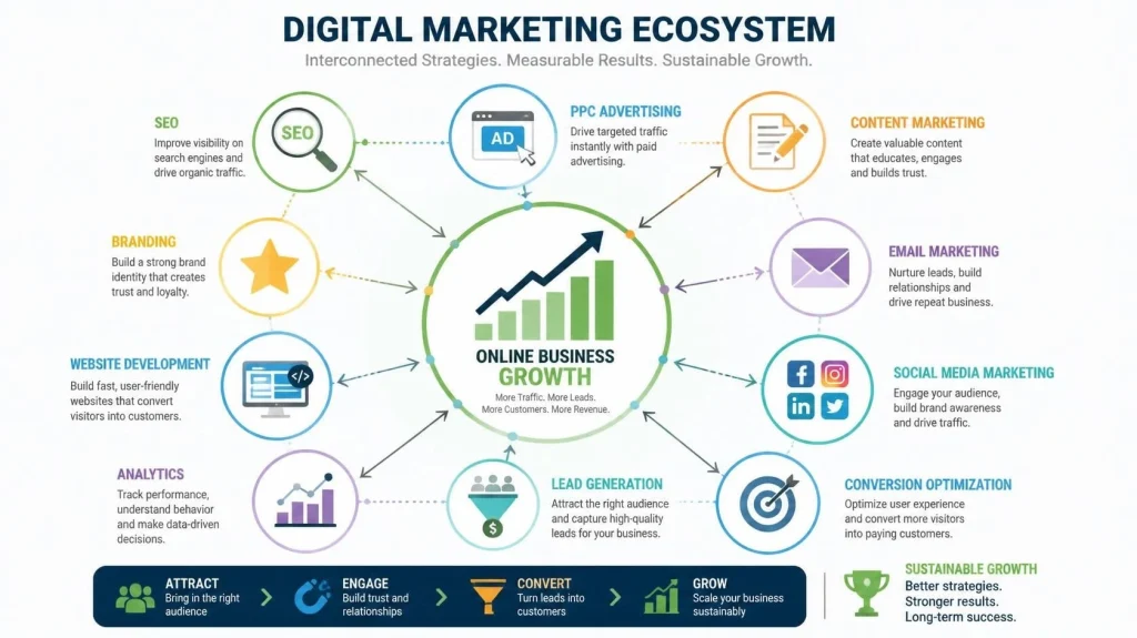 Marketing Agency vs Freelancer: Which One is the Better Choice for Your Business in 2026? A visually appealing flat-style digital marketing ecosystem showing interconnected elements including SEO, PPC advertising, content marketing, email marketing, social media marketing, branding, website development, analytics, lead generation, conversion optimization, and online business growth.