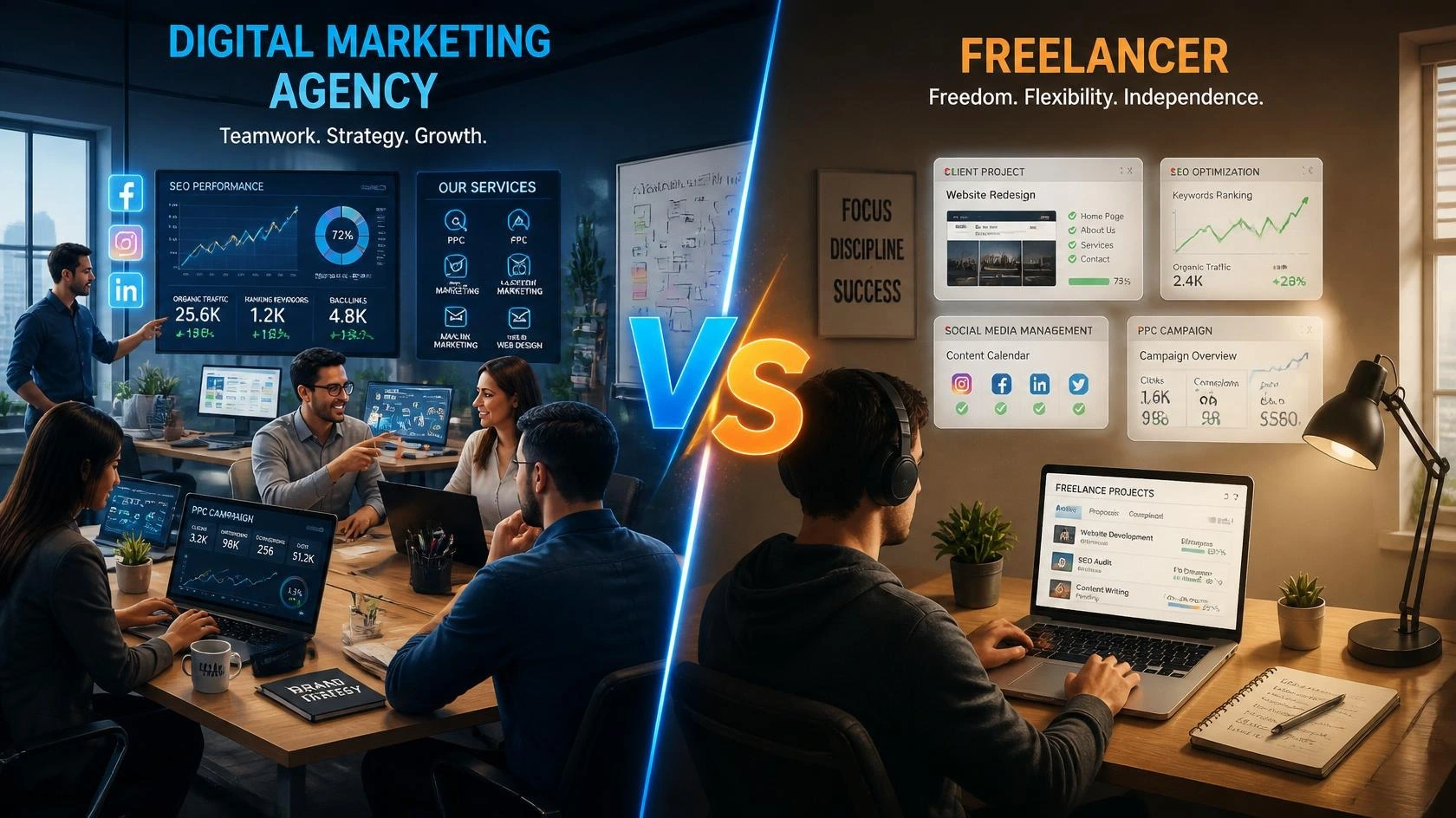 Marketing agency vs freelancer : a modern professional digital illustration comparing a Digital Marketing Agency and a Freelancer. On the left side, show a team of marketers collaborating in a modern office with laptops, analytics dashboards, SEO charts, social media icons, PPC advertising screens, branding materials, and teamwork. On the right side, show a freelancer working alone from a minimalist home office with a laptop, coffee mug, headphones, notebook, and multiple freelance project windows. A large "VS" in the center with blue and orange color contrast